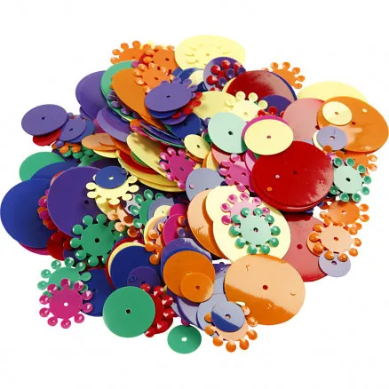 Paljetter, blandade färger, runda, storlek 10–25 mm, 250 g/1 förp.